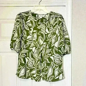 Panama Jack Womens Clasp Garden Beach Leaf Print Linen Rayon Blouse Size Large